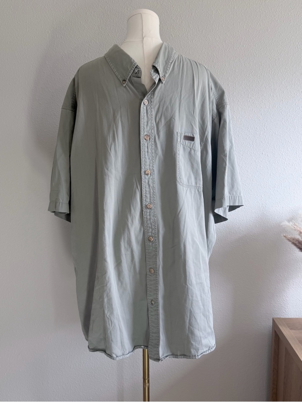 Vintage Carhartt Men 3XLT Olive Green Button Down Shirt Short Sleeve Cotton